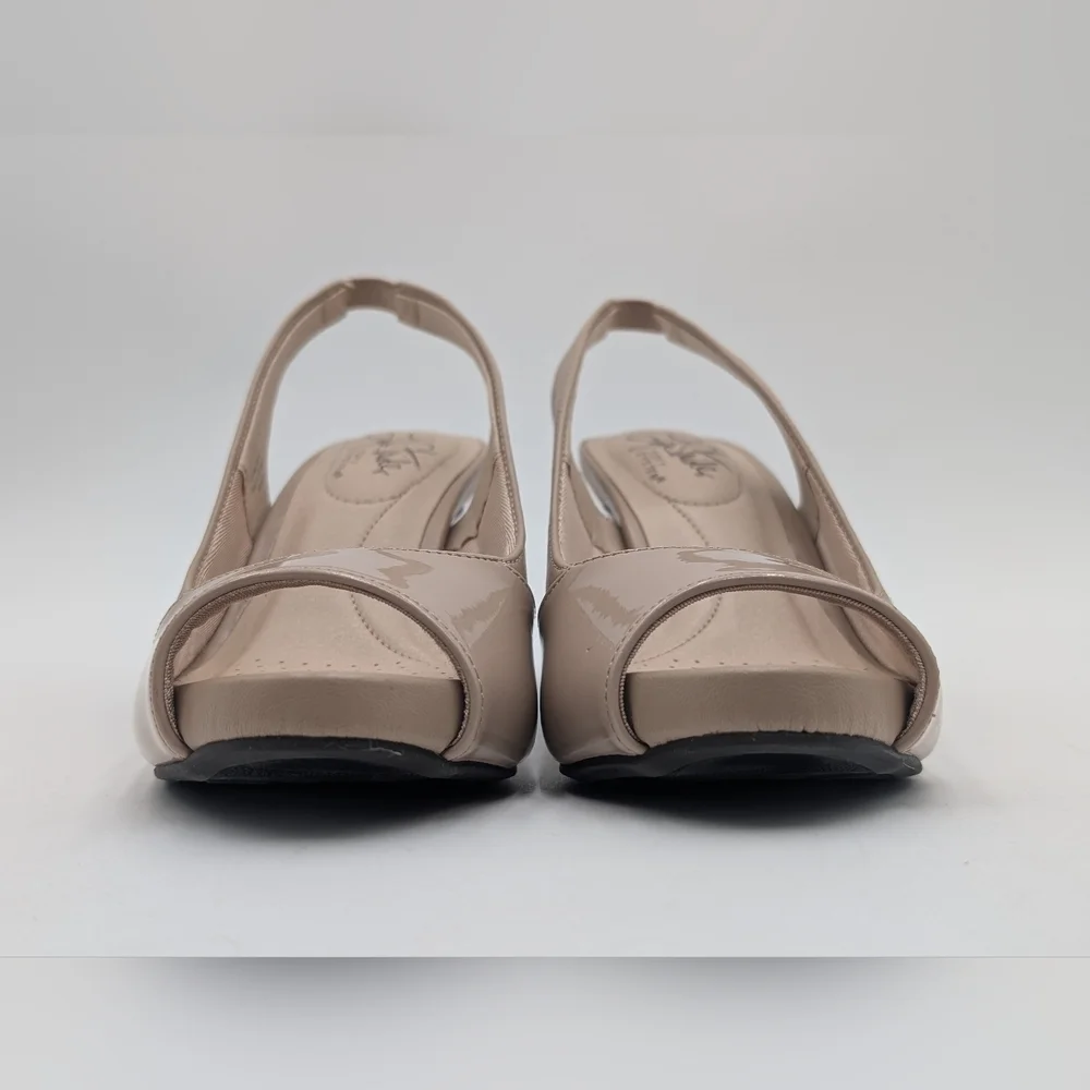Life Stride Tannis Soft System Size 5M Taupe Patent Peep Toe Sling Back Heels